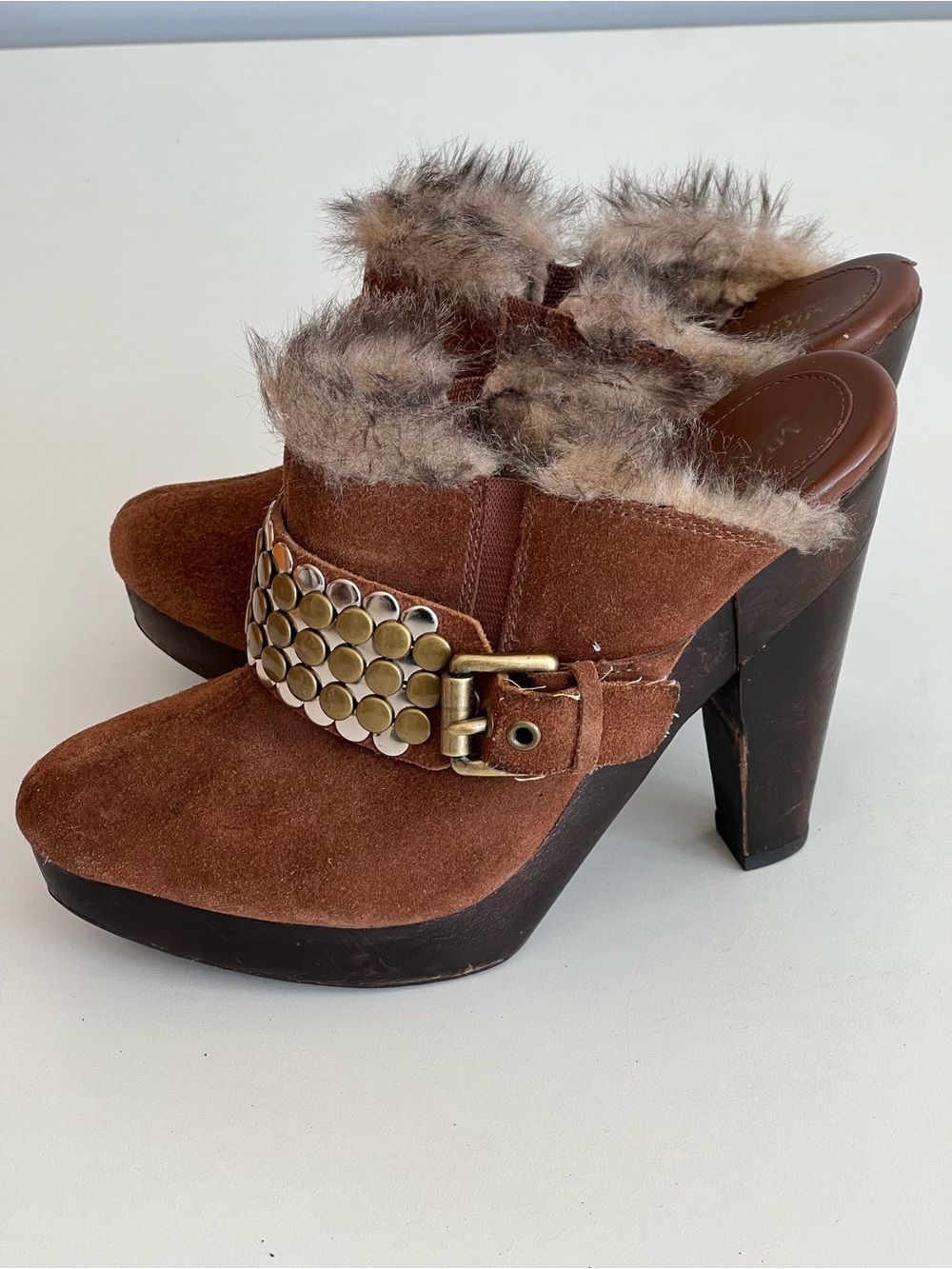 MICHAEL Michael Kors Brown Suede Faux Fur Platform Mule with Studded Buckle